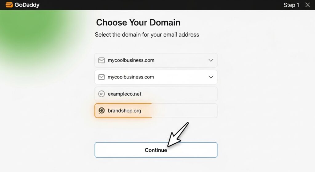 GoDaddy email setup screen