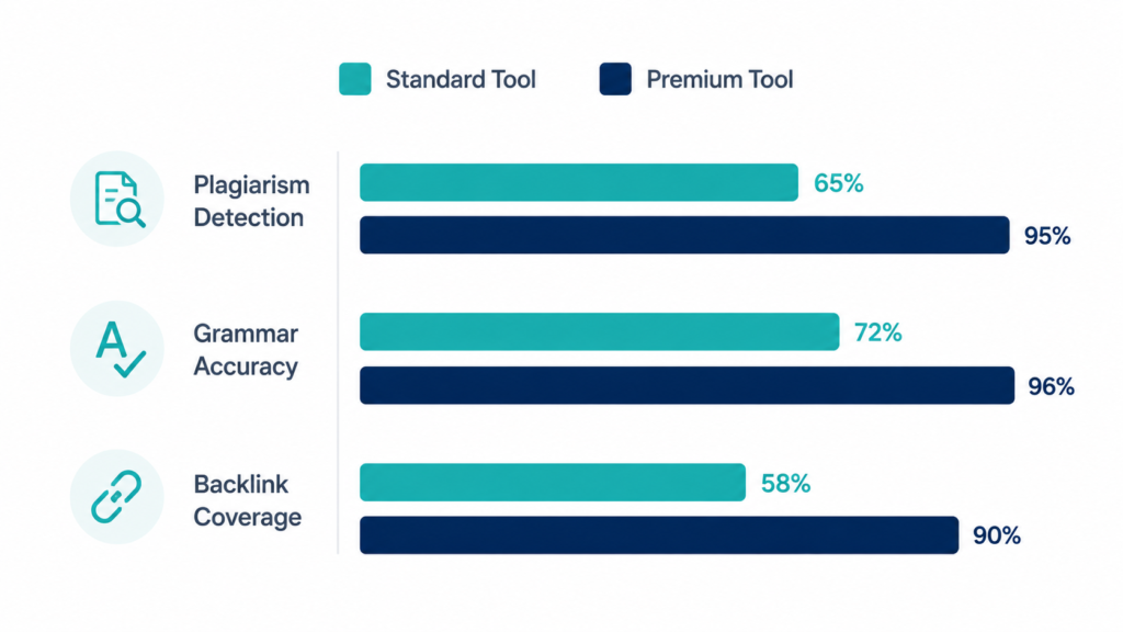 Linkrify accuracy comparison chart for plagiarism, grammar, and backlinks