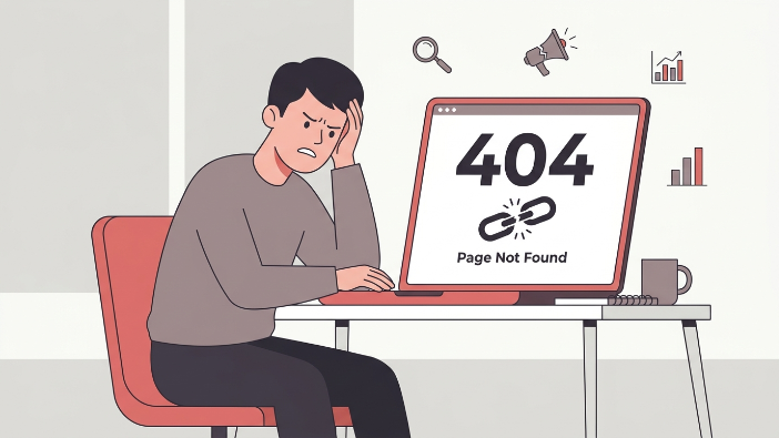 A flat illustration of a laptop screen showing a 404 error or spinning loading wheel with a frustrated user sitting at the desk. Muted red and grey color palette.