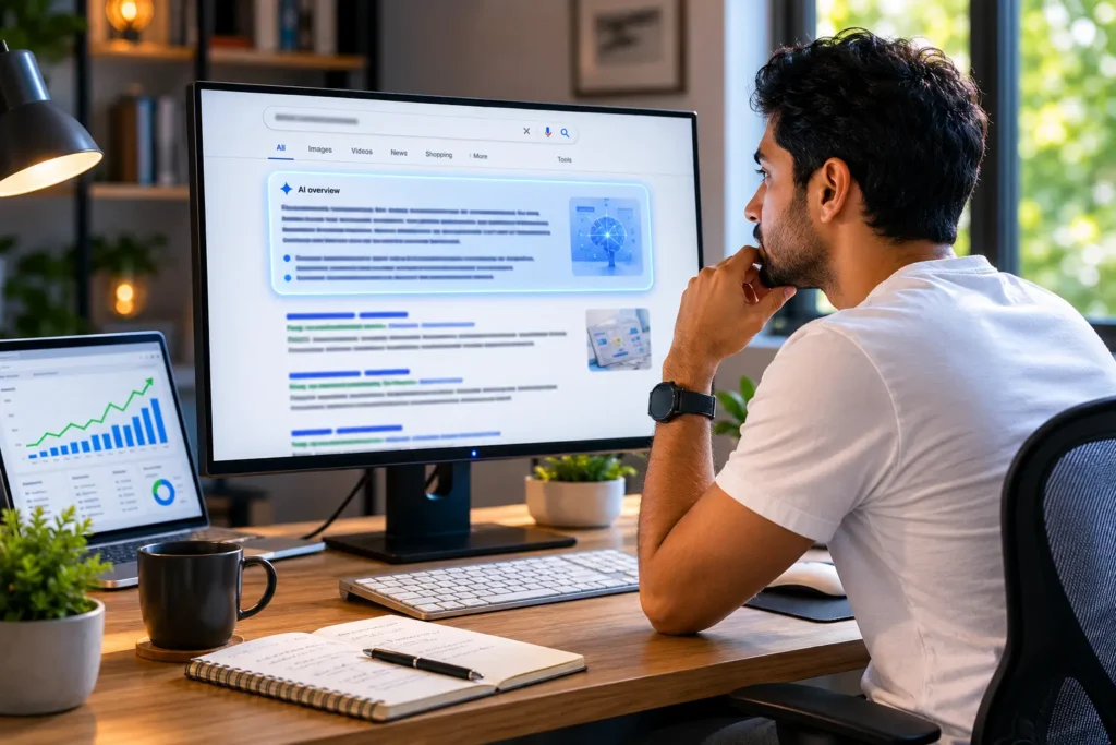 man viewing AI Overview in Google search results showing why articlerelease strategy matters in 2026