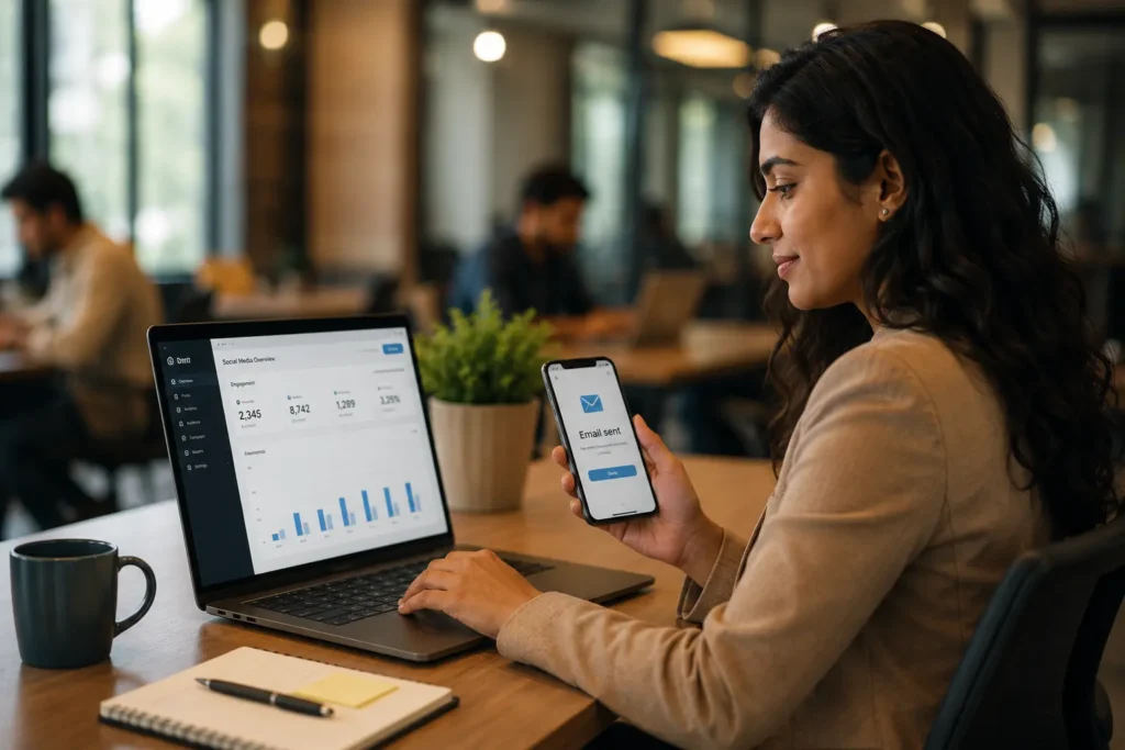 content creator sharing article across distribution channels on laptop and phone