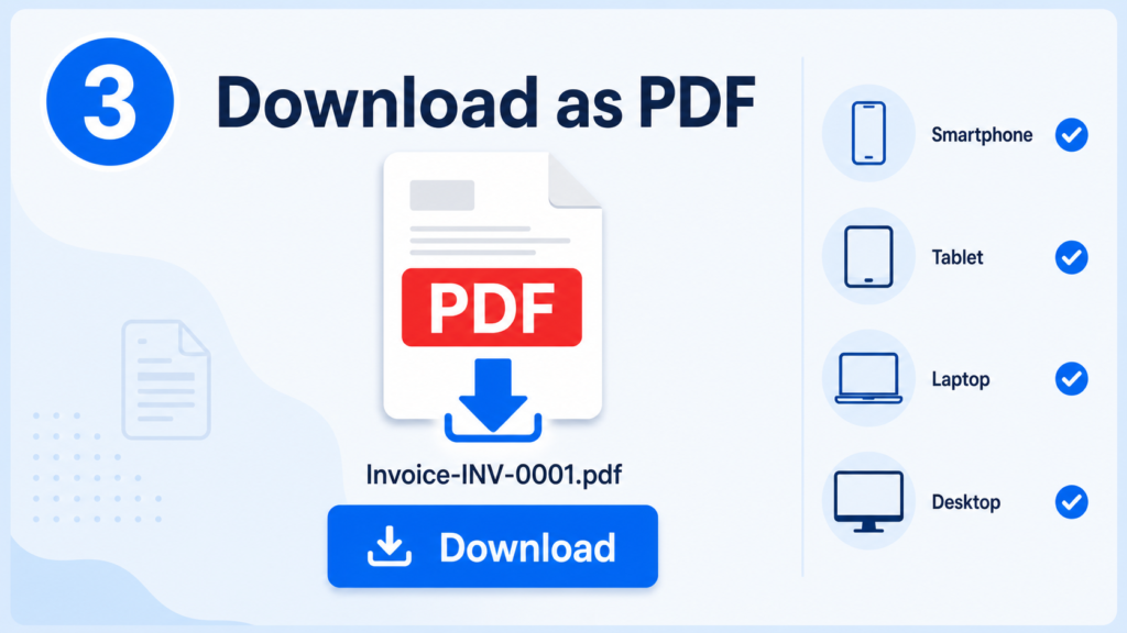 Download button for free invoice PDF on atoinvoice.com compatible with phone, tablet, laptop, and desktop