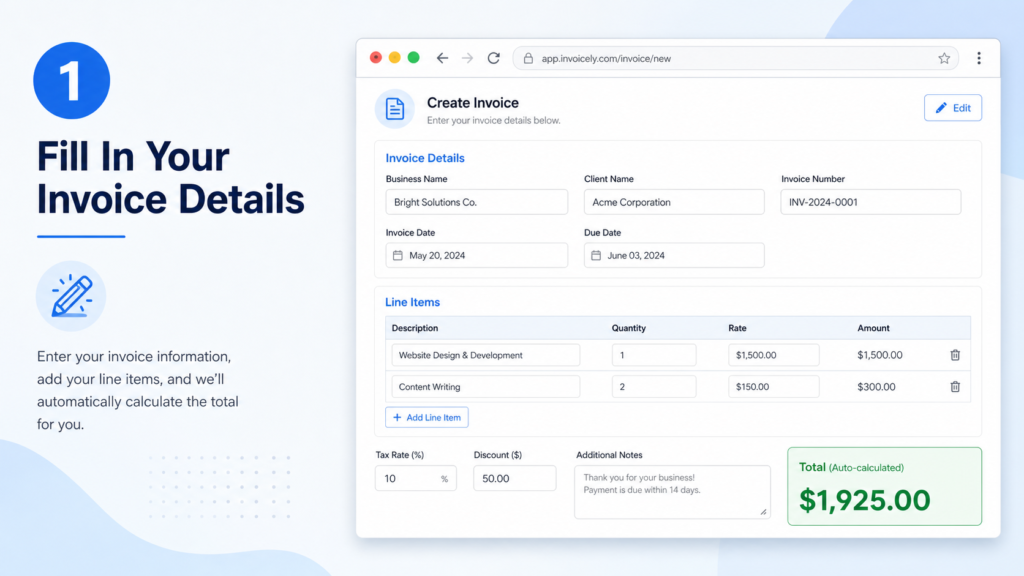 atoinvoice.com invoice form showing business name, client details, line items, tax and discount fields