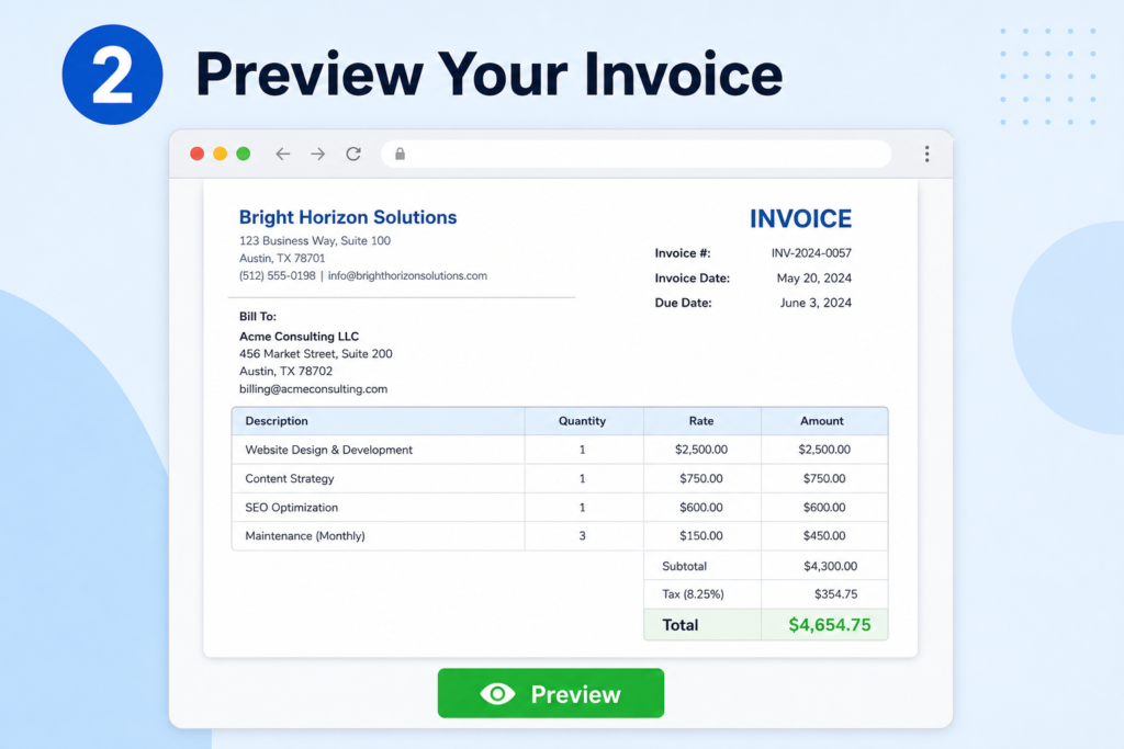 Preview screen of a completed professional invoice on atoinvoice.com showing totals, client name, and invoice number