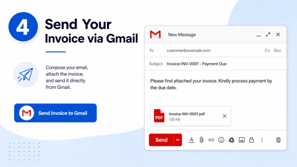 Gmail compose window pre-filled with invoice subject line and PDF attachment using atoinvoice.com send to Gmail feature