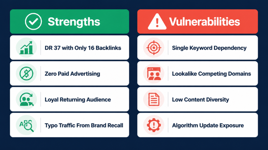 Comparison chart showing strengths and vulnerabilities of brand keyword concentration for niche SEO sites like estoturf.fr