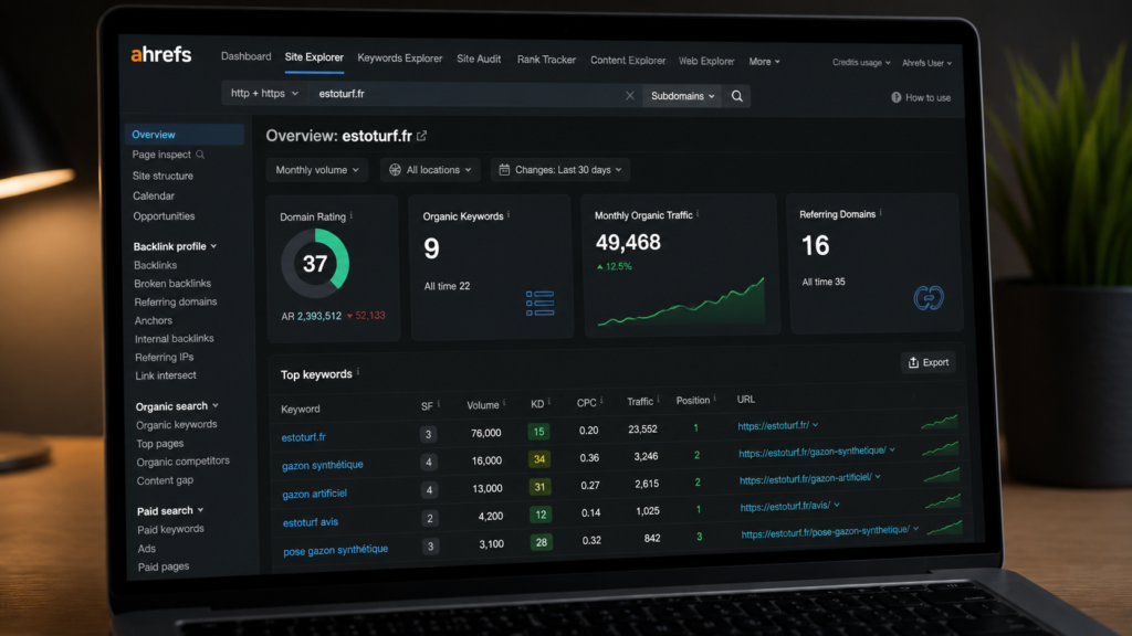 Ahrefs keyword profile screenshot of estoturf.fr showing 9 organic keywords and 49,468 monthly visits as of March 2026
