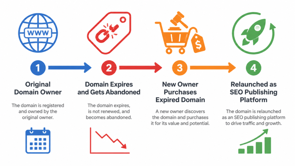 Timeline showing expired domain lifecycle from original owner through expiry and relaunch as a new SEO publishing platform