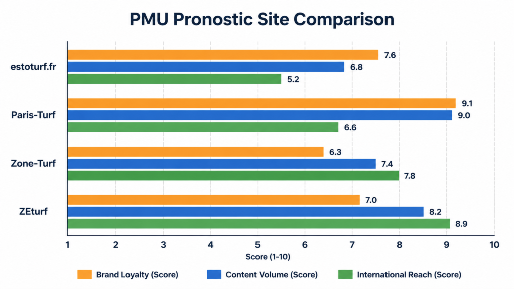 Comparison chart of French PMU pronostic websites including estoturf.fr, Paris-Turf, Zone-Turf, and ZEturf by content strategy