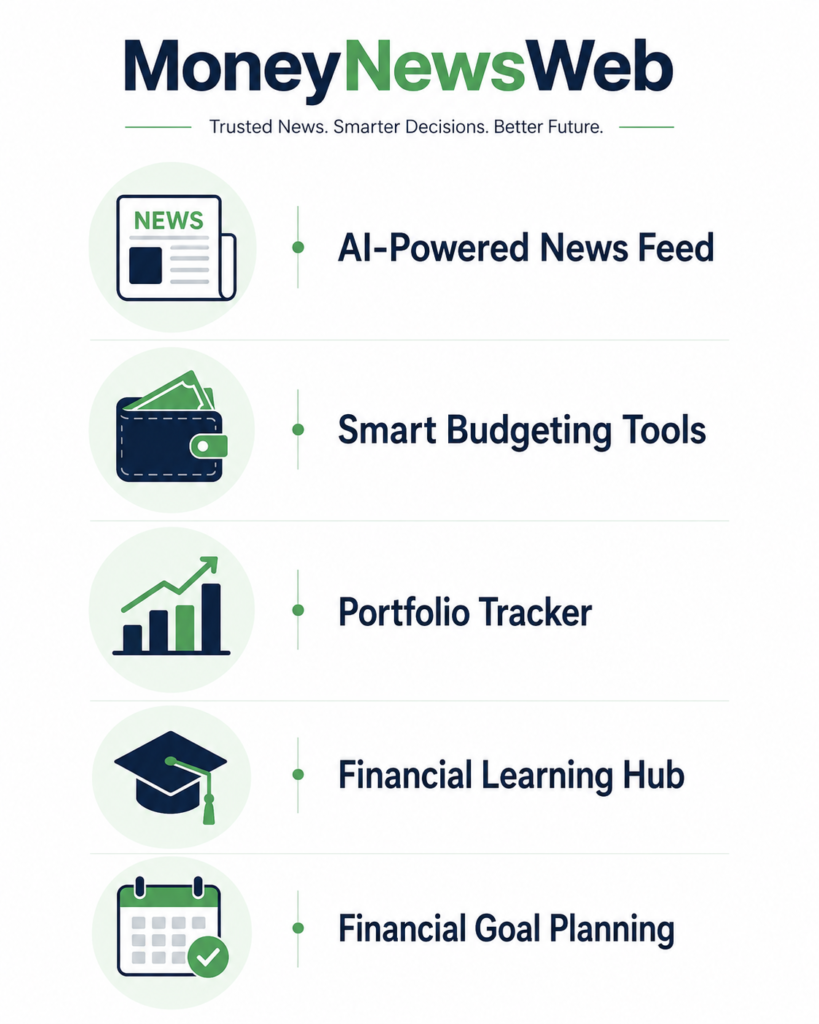 MoneyNewsWeb core features list showing AI news feed, budgeting tools, and portfolio tracking