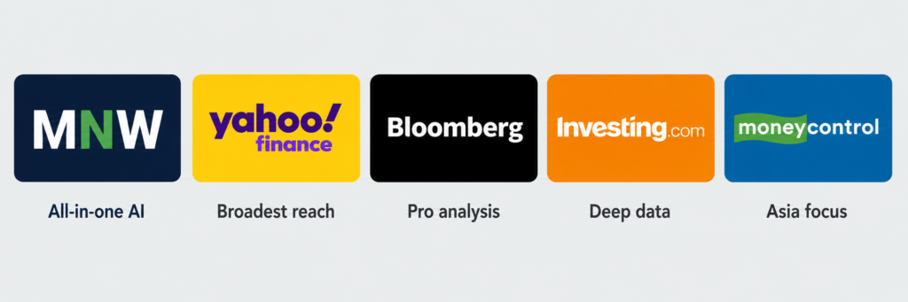 Comparison of MoneyNewsWeb with Yahoo Finance, Bloomberg, Investing.com and Moneycontrol